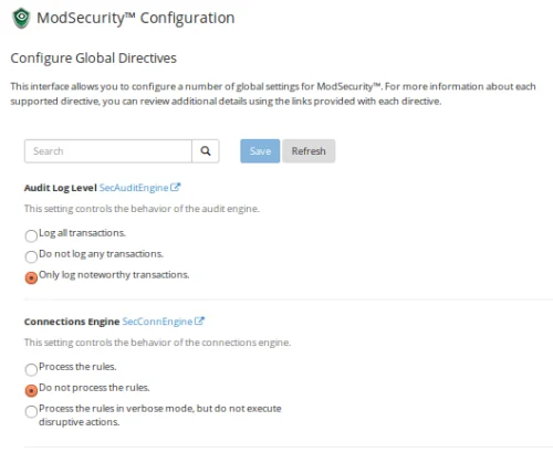 Giao diện WHM’s ModSecurity™ Configuration Giao diện WHM’s ModSecurity™ Configuration